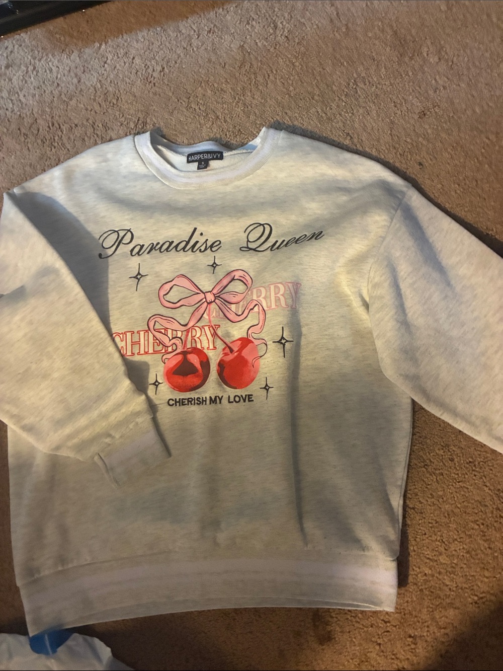 Harper Cream Sweatshirt with Pink Bow and Red Cherry Graphic